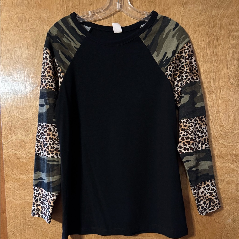 Black Long Sleeve Top with Unique Camouflage & Leopard Print Sleeves Size Small